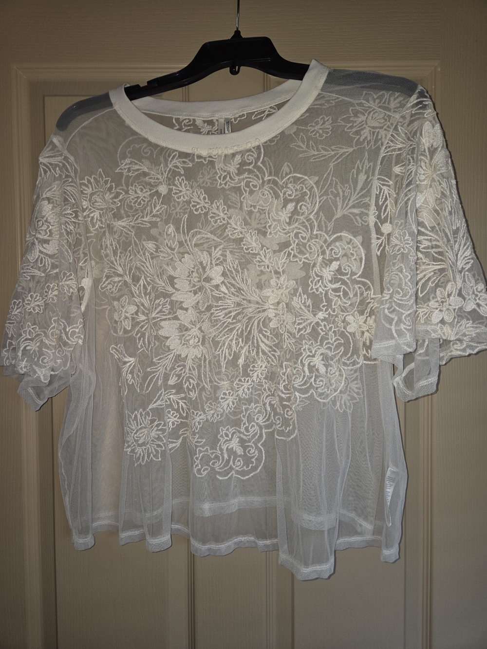 Anthropologie White Sheer Floral Embroidered Short Sleeve Top